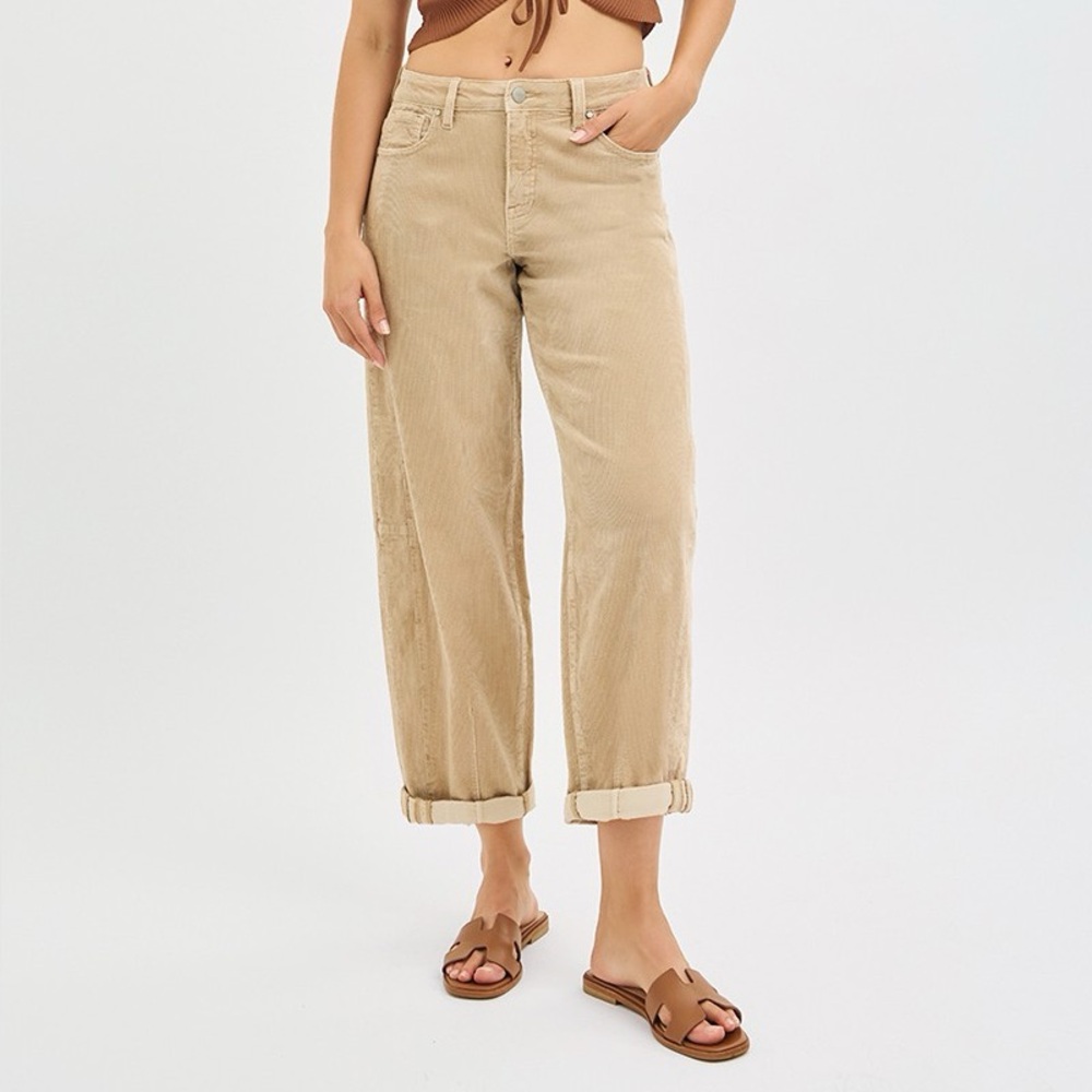 NWT Risen Tan Corduroy High Waisted Cropped Ankle Wide Leg Cuffed Barrel Pants